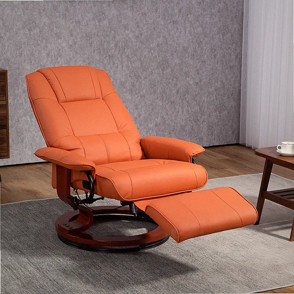 Faux Leather Manual Recliner with Swivel Wood Base, Orange